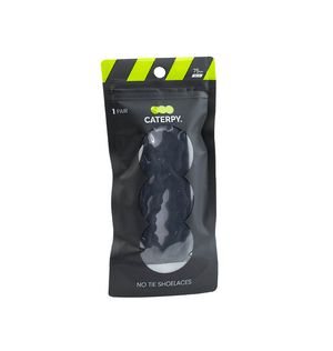 Black Caterpy no tie shoelaces packaged in a resealable black pouch with green and white accents.
