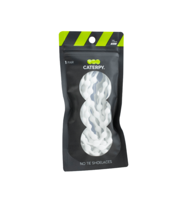 White twisted no tie shoelaces in black Caterpy branded packaging with green and gray accents.