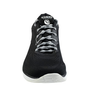 Black athletic shoe with gray no-tie Caterpy shoelaces threaded through eyelets.