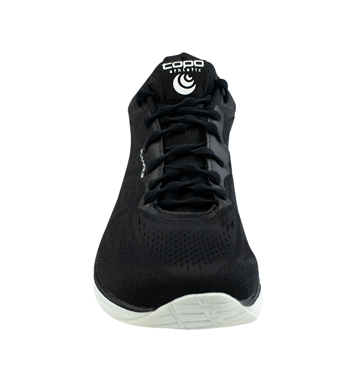 Black athletic shoe with white sole featuring black no-tie shoelaces threaded through eyelets.