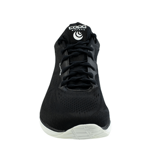 Black athletic shoe with white sole featuring black no-tie shoelaces threaded through eyelets.