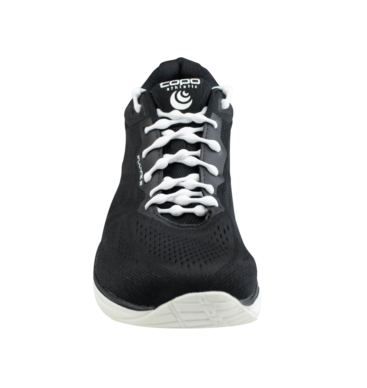 Black sneaker with white no-tie shoelaces threaded in a looped pattern.