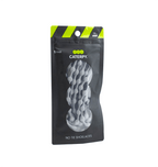 Black resealable pouch with green accents containing gray Caterpy no tie shoelaces displayed through a clear window.