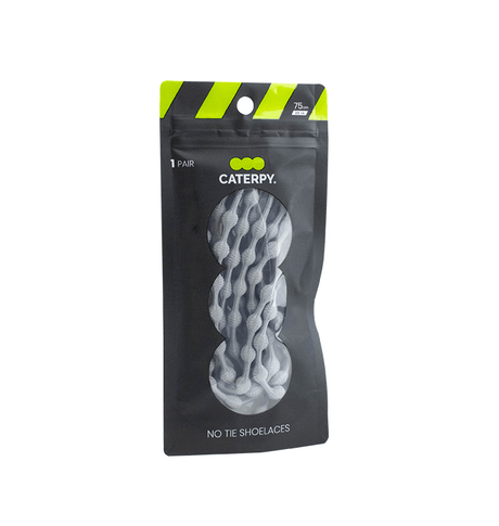 Black resealable pouch with green accents containing gray Caterpy no tie shoelaces displayed through a clear window.