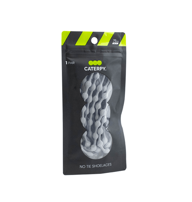 Black resealable pouch with green accents containing gray Caterpy no tie shoelaces displayed through a clear window.