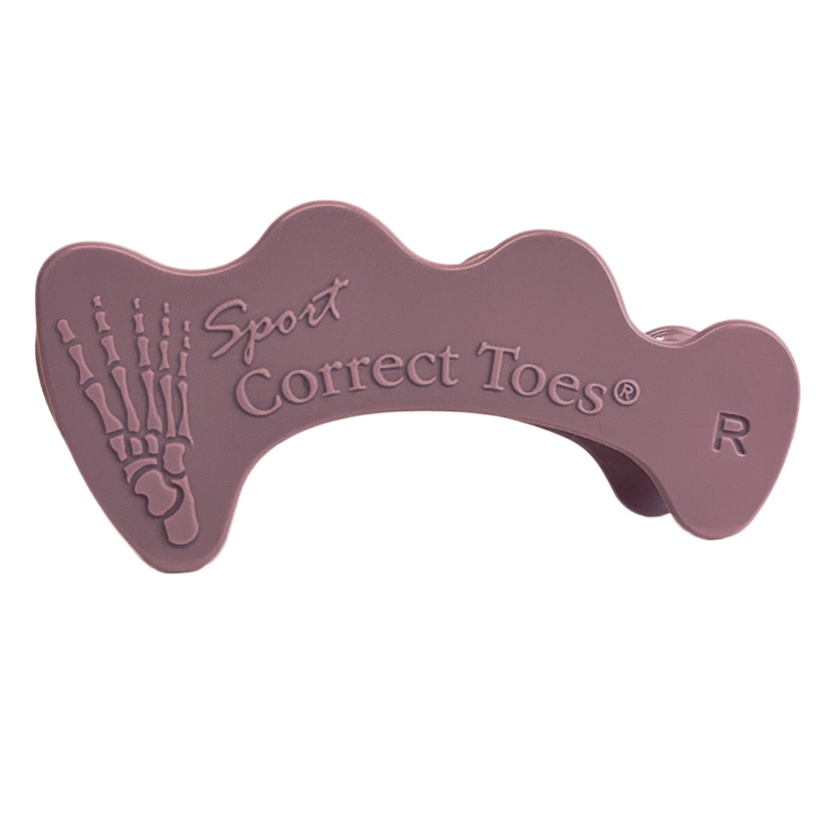 Mauve Correct Toes SPORT toe spacer with skeletal foot design and right foot indicator.