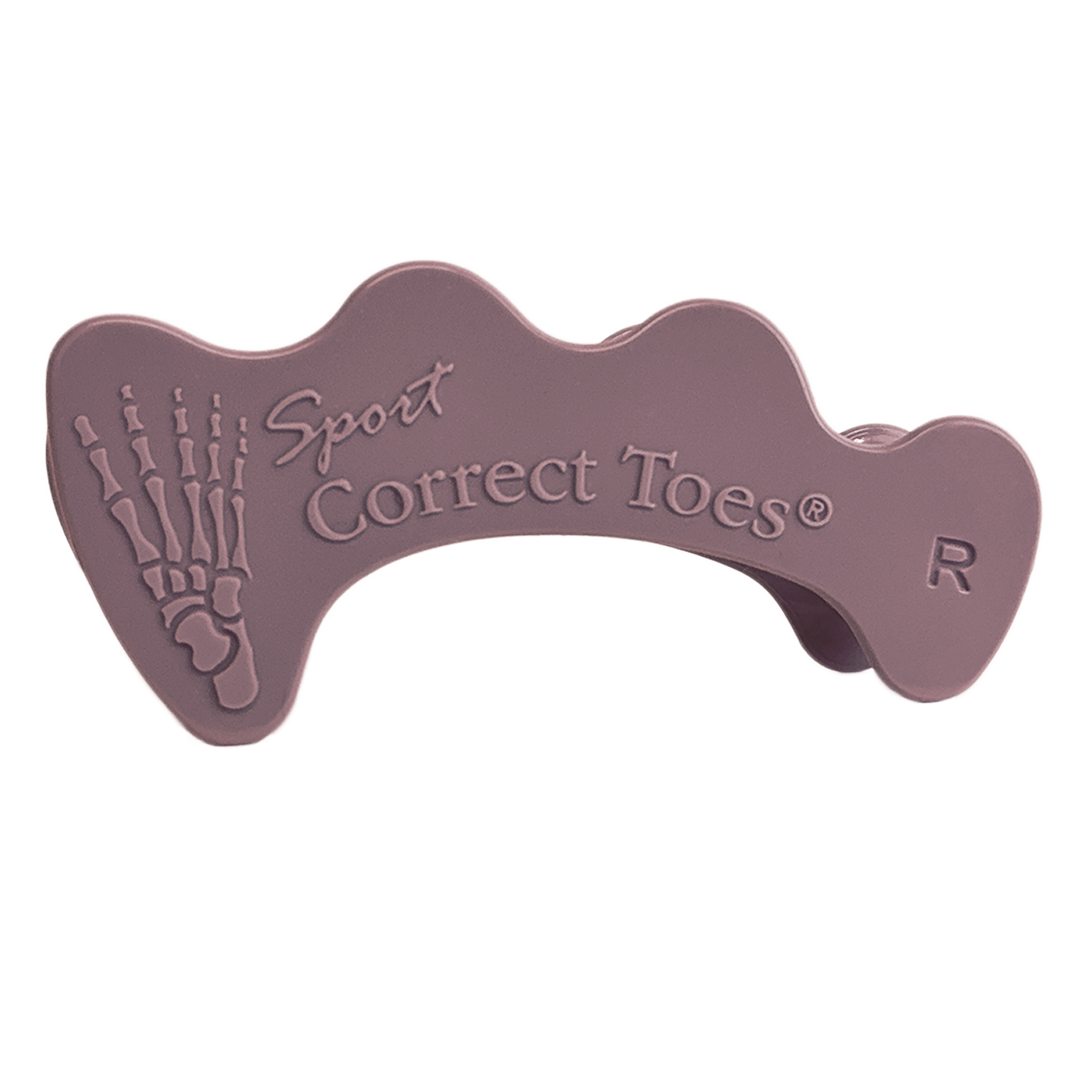 Mauve Correct Toes SPORT toe spacer with skeletal foot design and right foot indicator.