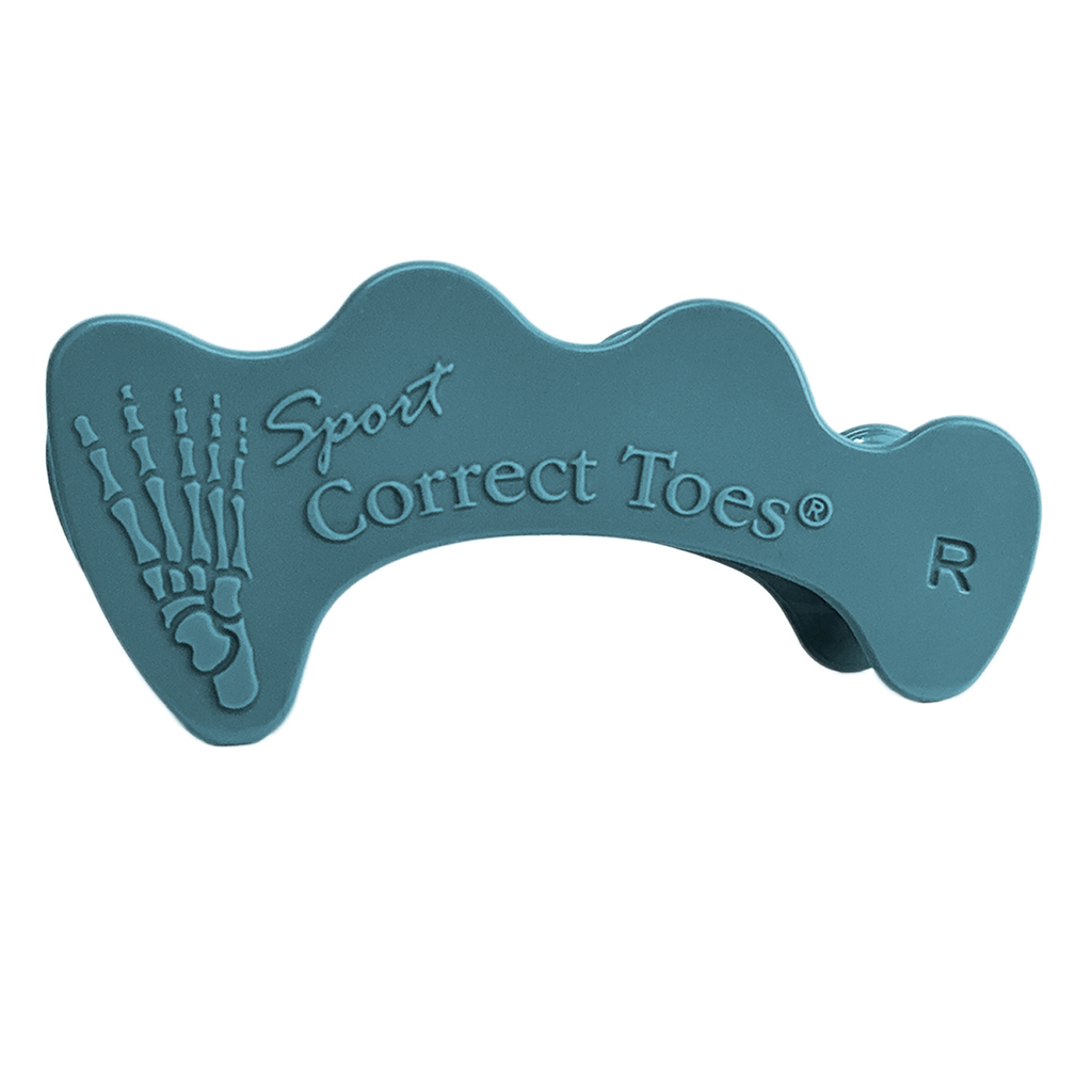 Blue Correct Toes SPORT toe spacer with embossed foot bone design and right foot indicator.