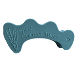 Blue Correct Toes SPORT toe spacer with embossed foot bone design and right foot indicator.