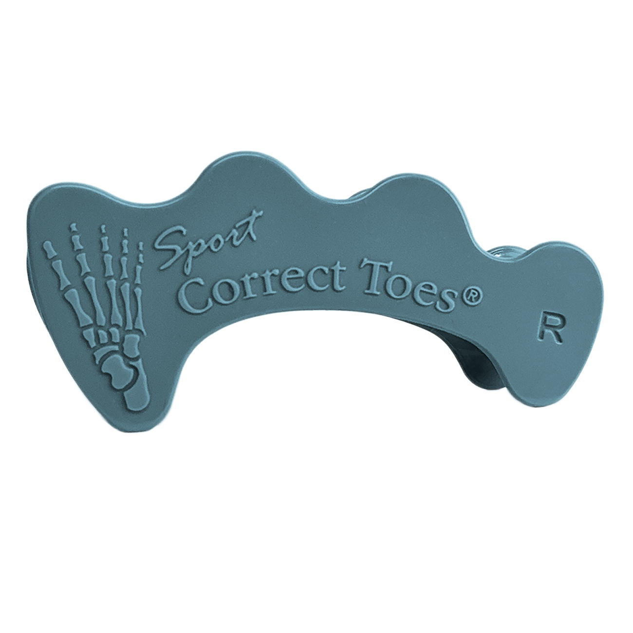 Blue Correct Toes SPORT toe spacer with embossed foot bone design and right foot indicator.