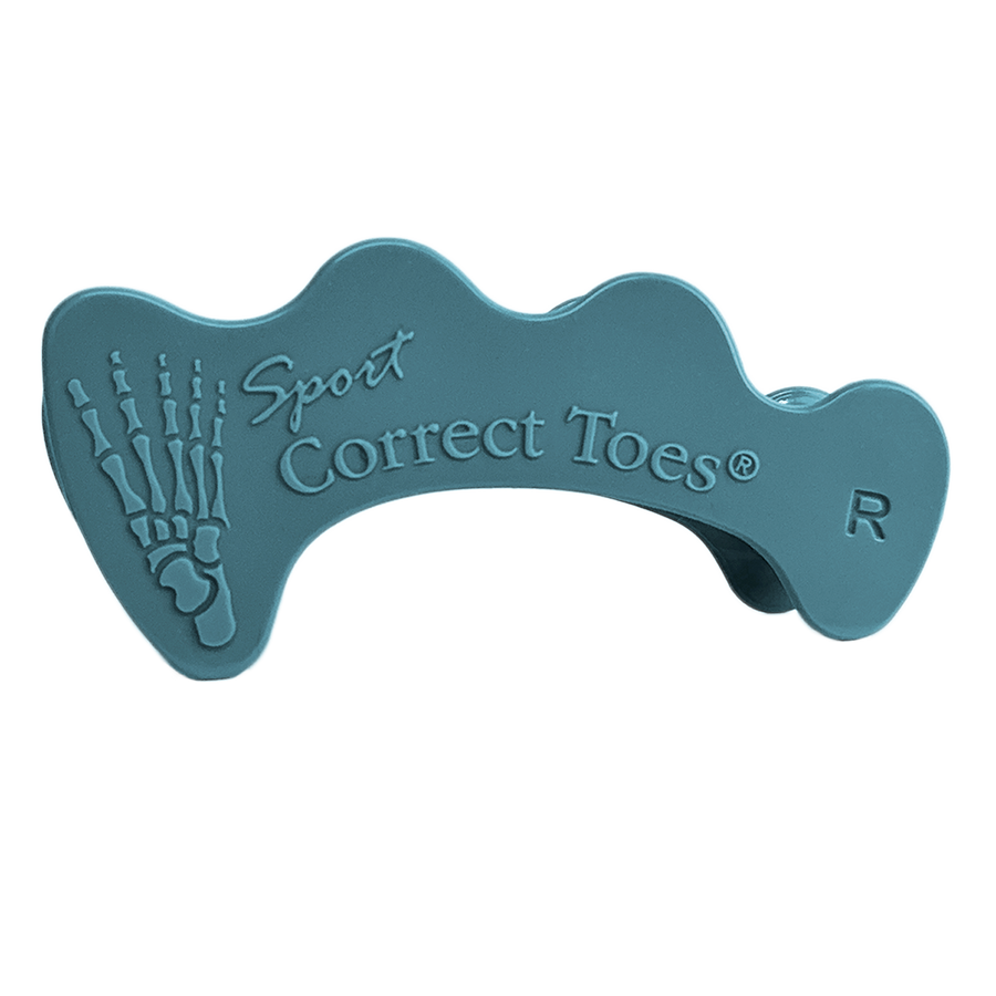 Blue Correct Toes SPORT toe spacer with embossed foot bone design and right foot indicator.