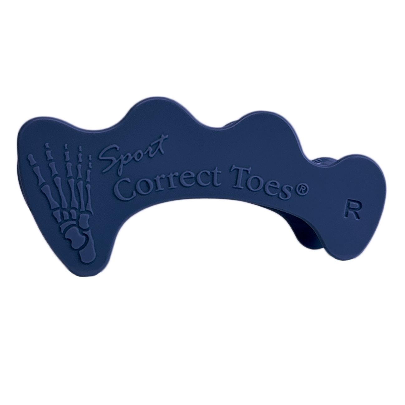 Dark blue Correct Toes SPORT® toe spacer with embossed skeletal foot design and lettering.