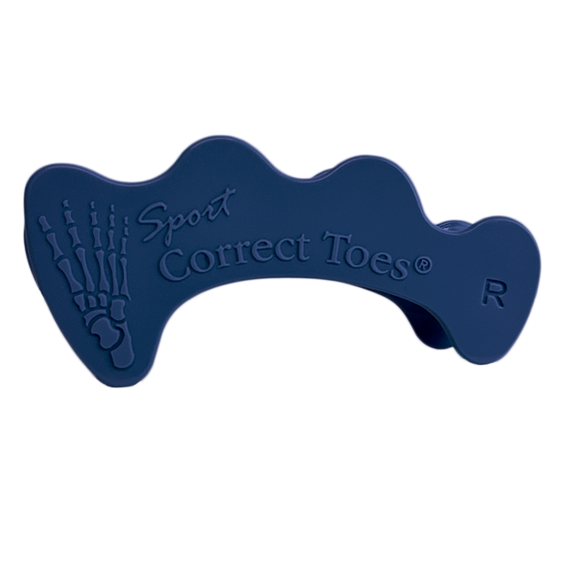 Dark blue Correct Toes SPORT® toe spacer with embossed skeletal foot design and lettering.