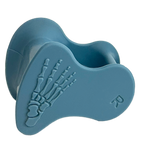 Blue silicone toe spacer with skeletal foot design and right foot indicator "R" embossed.