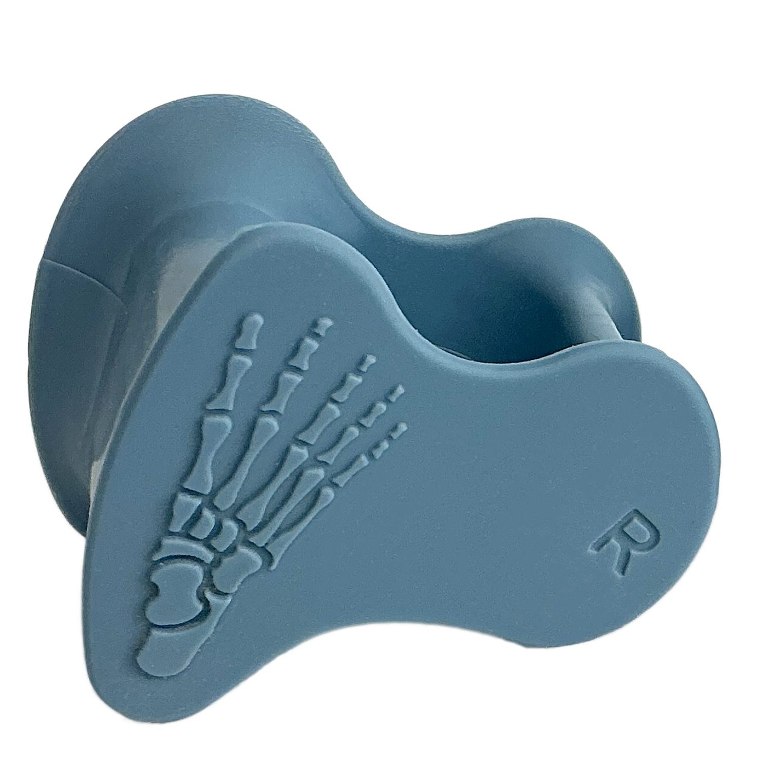 Blue silicone toe spacer with skeletal foot design and right foot indicator "R" embossed.