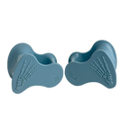 Blue silicone toe spacers with skeletal foot bone design, labeled L and R.