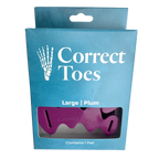 Plum-colored Correct Toes toe spacers in large size with blue retail packaging.