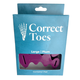 Plum-colored Correct Toes toe spacers in large size with blue retail packaging.
