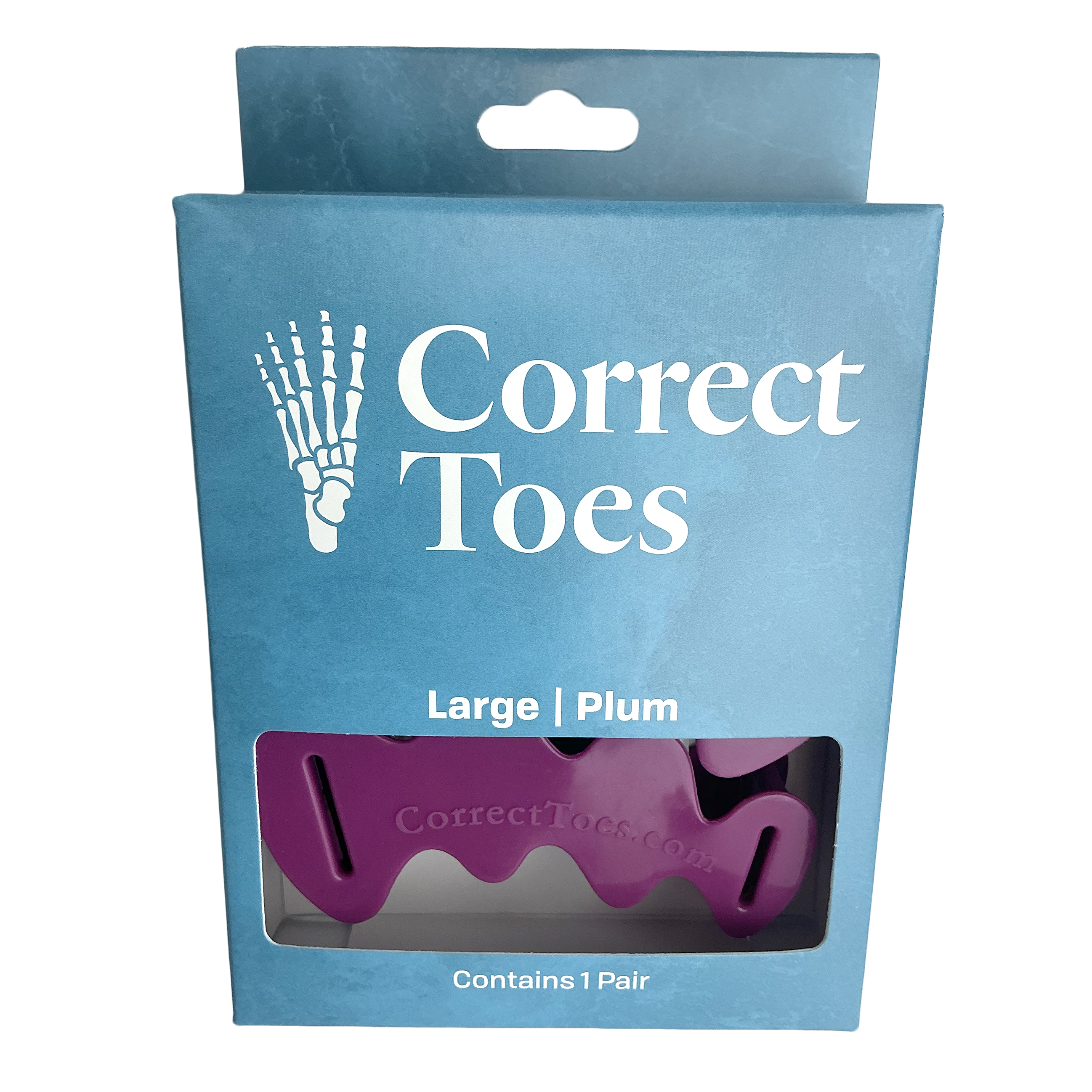 Plum-colored Correct Toes toe spacers in large size with blue retail packaging.