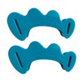 Pair of aqua blue flexible toe spacers with "CorrectToes.com" embossed on each piece.