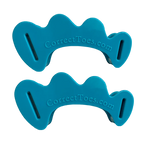 Pair of aqua blue flexible toe spacers with "CorrectToes.com" embossed on each piece.