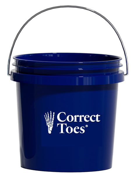 Dark blue plastic bucket with Correct Toes logo and metal handle.