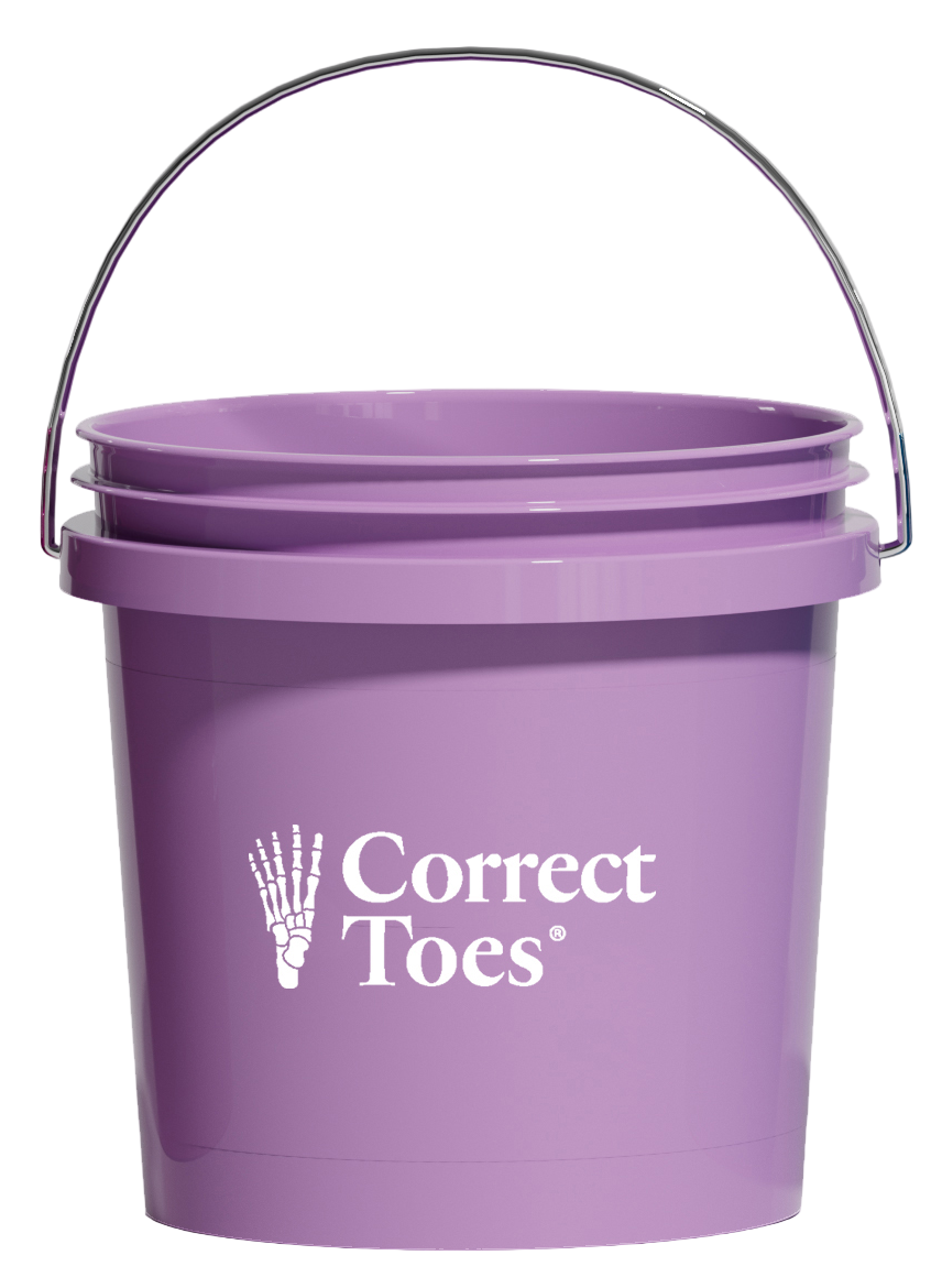 Purple plastic bucket with metal handle and Correct Toes logo on front.