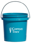Small bright aqua blue bucket with metal handle and white Correct Toes logo on front.
