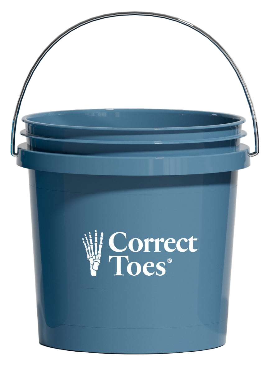 Blue plastic bucket with Correct Toes logo and metal handle.