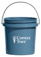 Blue plastic bucket with Correct Toes logo and metal handle.
