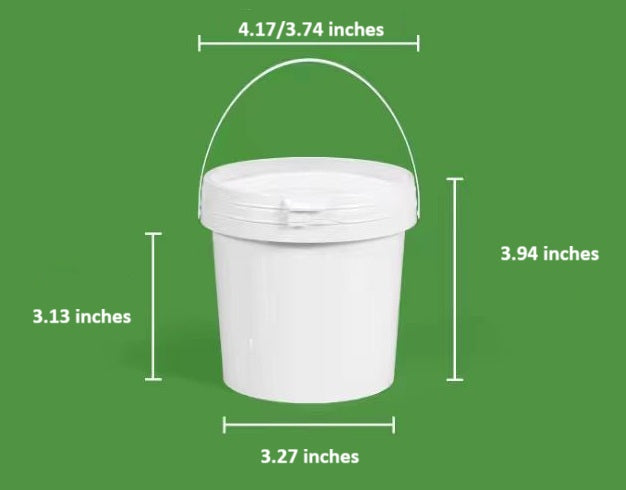 Small white plastic bucket with a lid and handle, shown with measurements on a green background.
