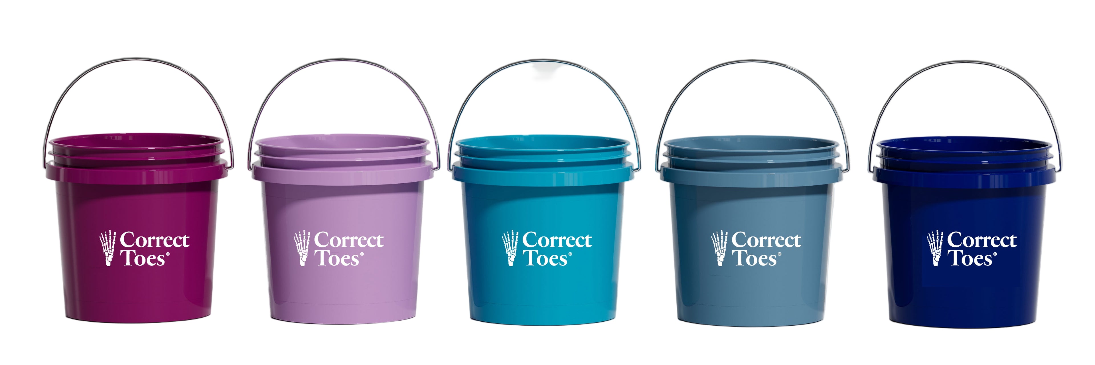 Five colorful small buckets in plum, mauve, aqua, mist, and galaxy with metal handles and Correct Toes logos.