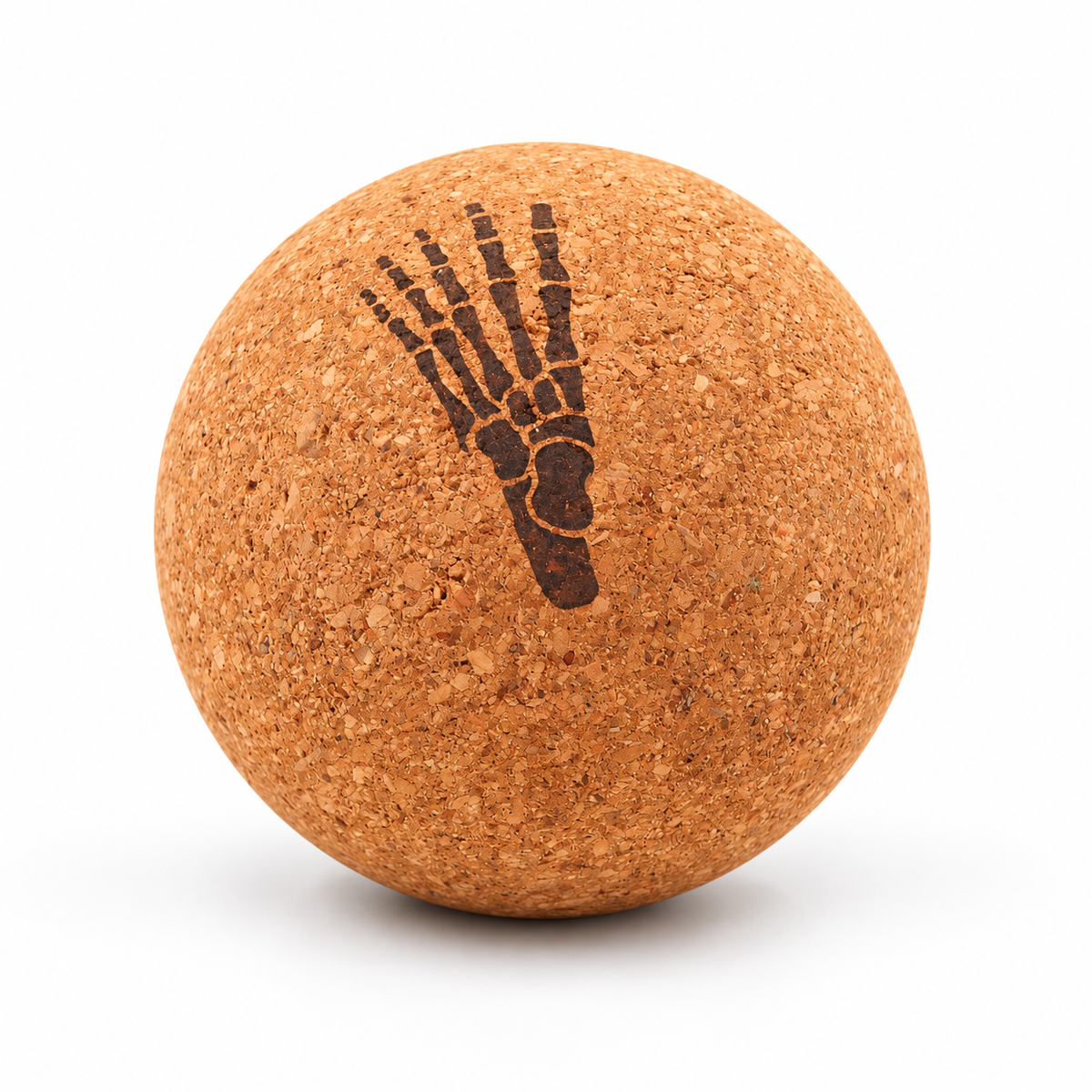 A round cork massage ball with a dark brown printed foot skeleton graphic, shown on a clean white background.