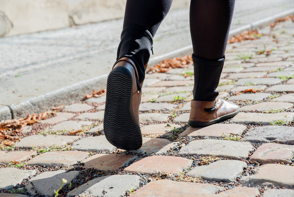 barefoot brown mid-calf boots