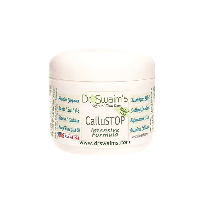 White jar of Dr. Swaim's CalluSTOP Intensive Formula with blue and green text label.