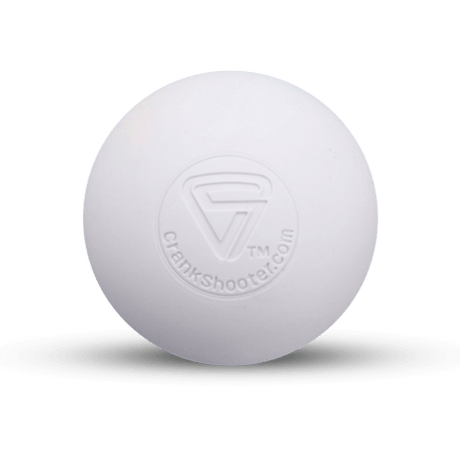 White Fascia Friend Lacrosse Ball with embossed Crankshooter.com logo.