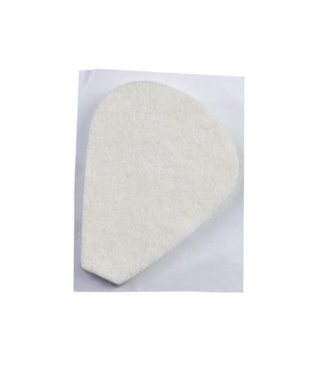 White felt metatarsal pad with rounded teardrop shape and 1/4 inch thickness.