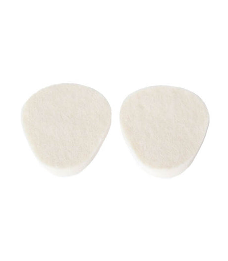 Pair of white felt metatarsal pads with rounded tapered shape, 1/4 inch thick.