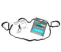 Black FloatRun Harness with adjustable loops and attached instructional tags for personal running technique coaching.