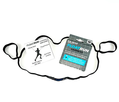 Black FloatRun Harness with adjustable loops and attached instructional tags for personal running technique coaching.