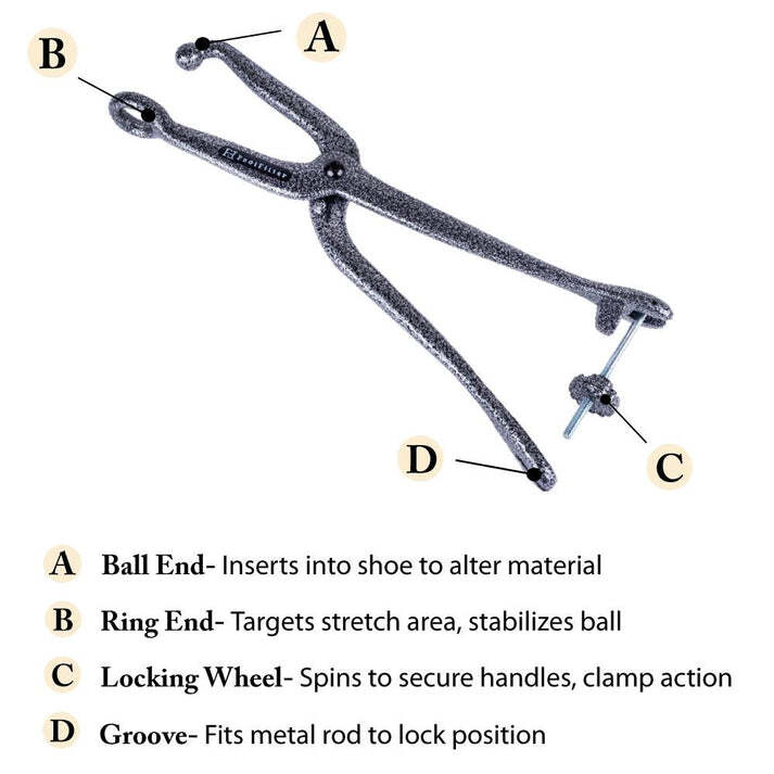 Black cast iron bunion stretcher with ball and ring ends and a locking wheel clamp mechanism.