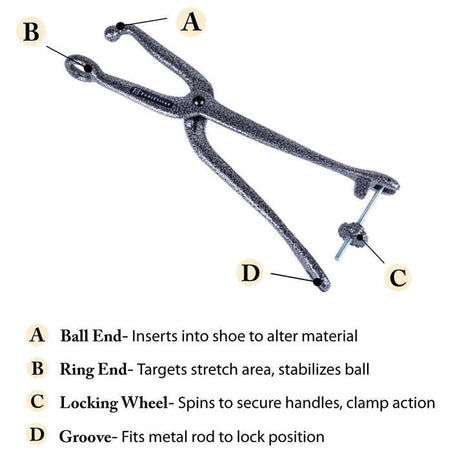 Black cast iron bunion stretcher with ball and ring ends and a locking wheel clamp mechanism.