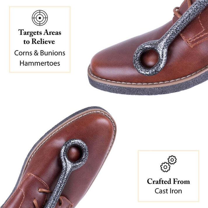 Cast iron FootFitter bunion stretcher with textured ball and ring on brown leather shoes.