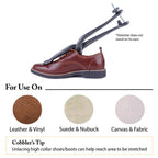 FootFitter Professional Ball and Ring Cast Iron Bunion Stretcher attached to brown leather shoe with adjustable metal rod.