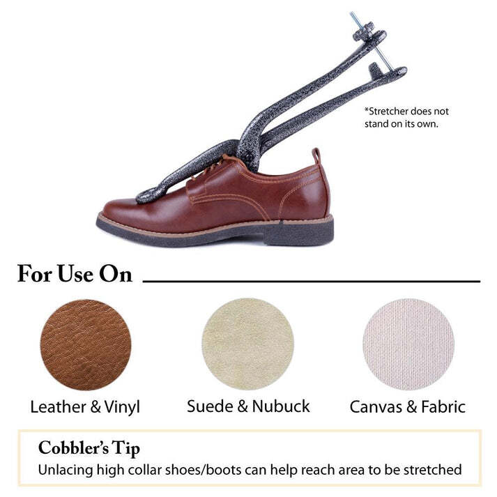 FootFitter Professional Ball and Ring Cast Iron Bunion Stretcher attached to brown leather shoe with adjustable metal rod.