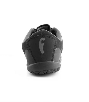 Black sneaker with textured sole and stitched heel panel featuring a stylized "f" logo.