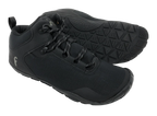 Black low-top athletic shoes with textured rubber soles and lace-up closure.