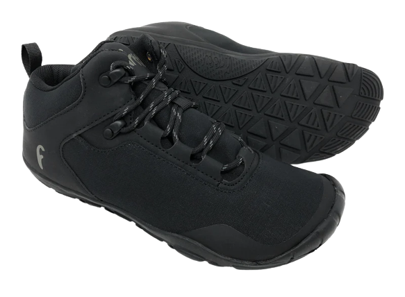 Black low-cut hiking shoes with blue accents and textured rubber soles.