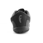 Black and blue athletic shoe with textured sole and "f" logo on heel.