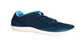 Lightweight low-profile sneaker in dark and mid-blue with white textured sole and blue lace loops.